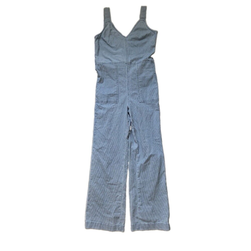 SUSINA Blue White Pinstripe Straight Leg Tie Back Jumpsuit Pockets Size XS EUC